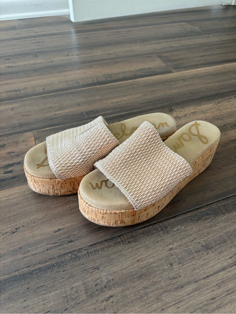 Sam Edelman Natural Woven Cork Platform Slide Sandals